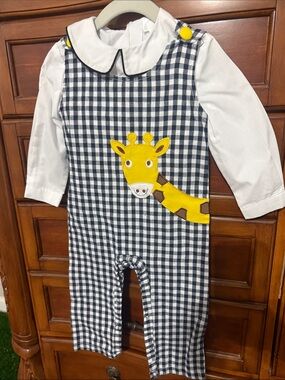 Navy Gingham Baby One-Piece with Yellow Giraffe Appliqué